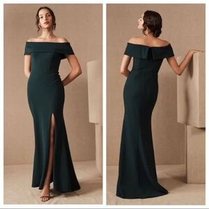 BHLDN Delice Off-Shoulder Crepe Gown Dark Green Size 10 Bridesmaid Formal NWT